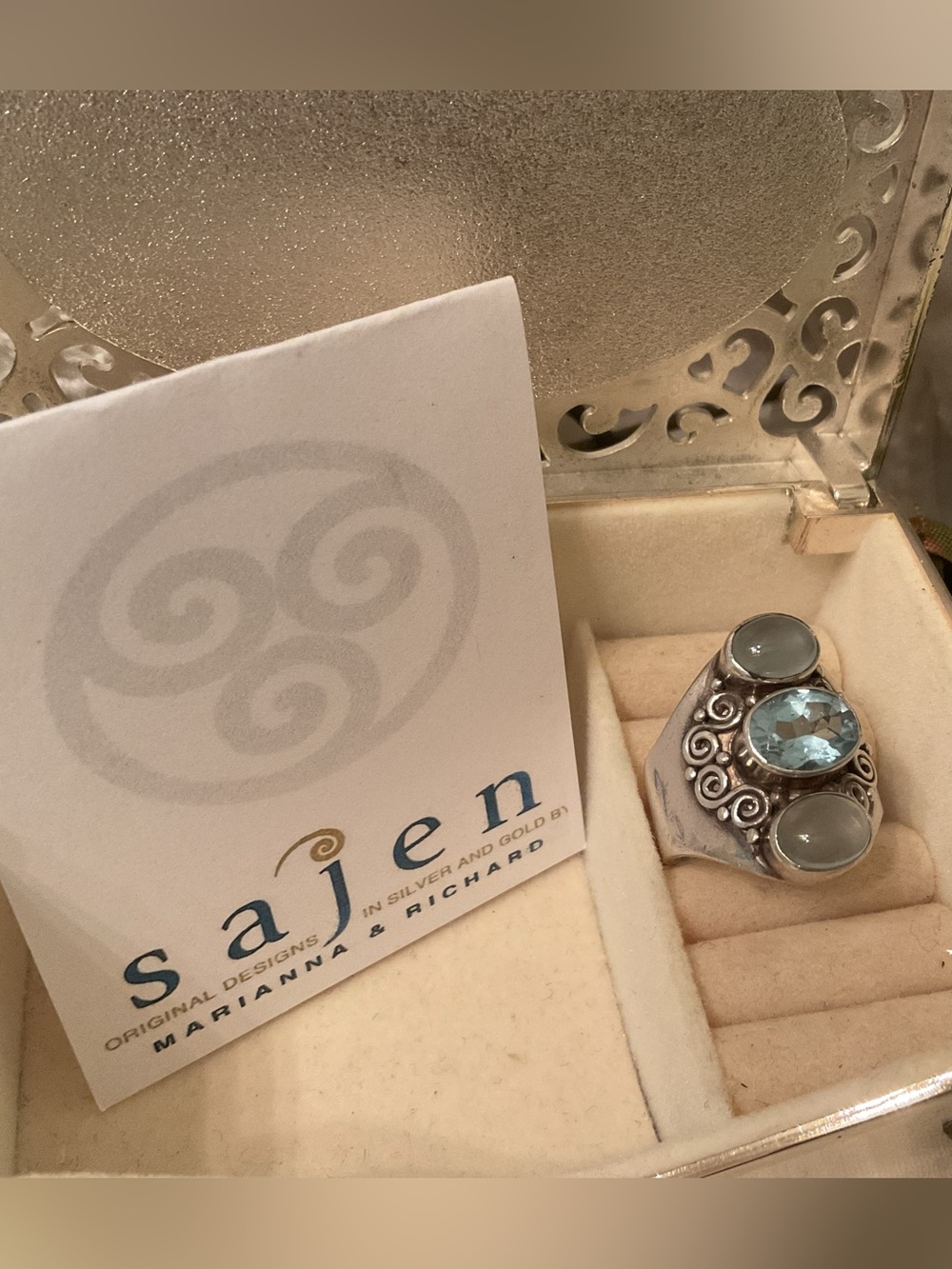 VINTAGE SAJEN DESIGNER 925 STERLING SILVER BLUE TOPEZ & MOONSTONE RING SIZE 7